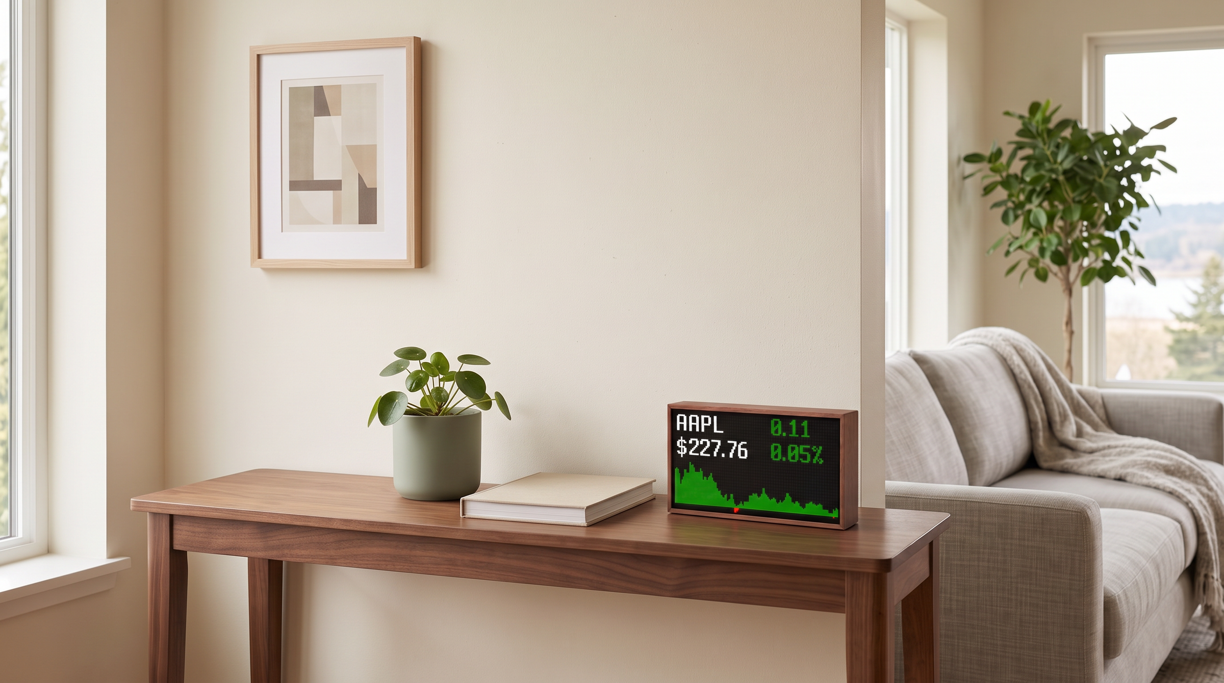 Niblet One showing live market data in a warm modern home