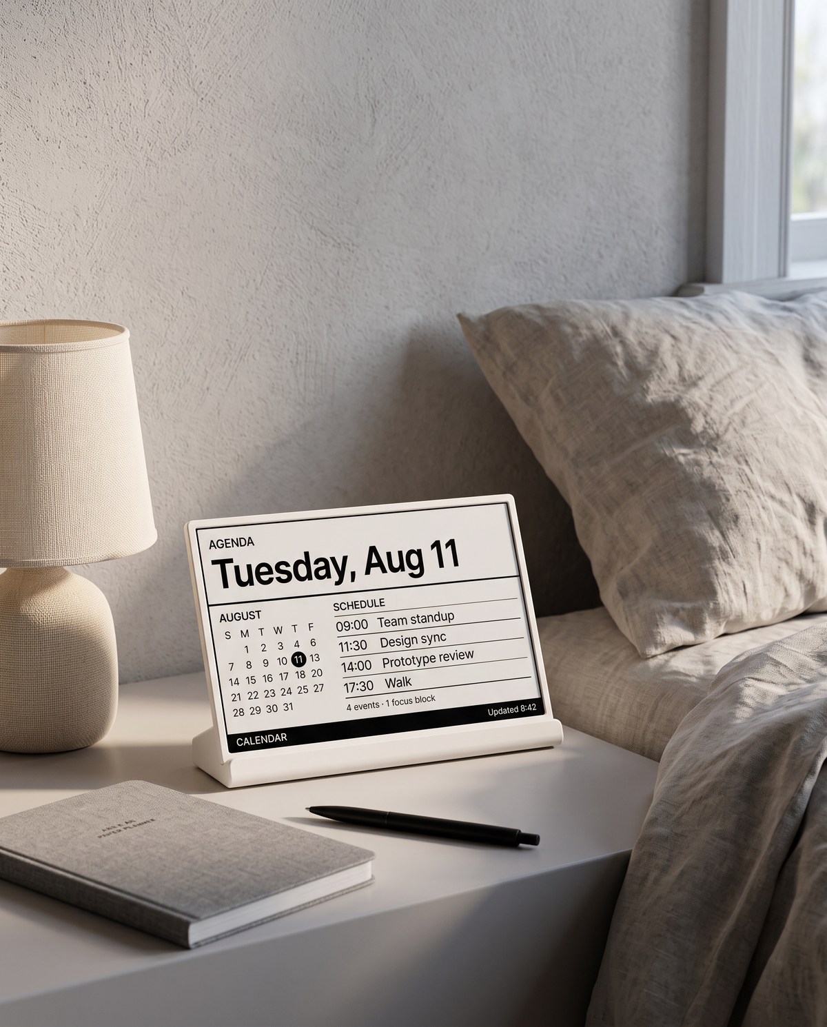 Niblet Paper showing an agenda on a calm bedside table