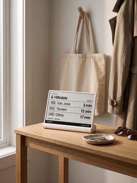 Niblet Paper showing transit departures in a sunlit entryway