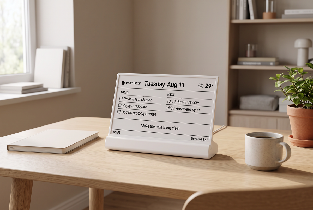 Niblet Paper showing a daily brief in a warm home office