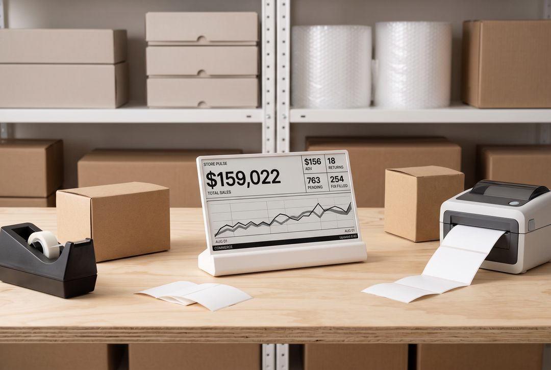 Niblet Paper showing store metrics in a small packing studio