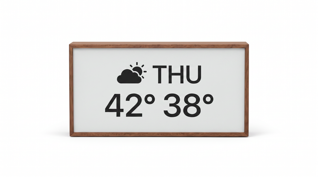 Niblet Paper wood e-paper display concept shown from the front with weather