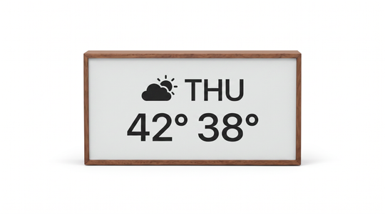 Niblet Paper wood e-paper display concept shown from the front with weather